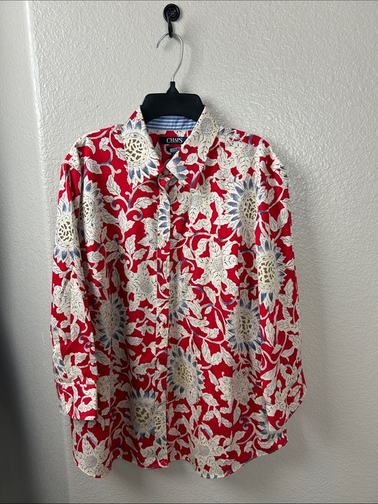 Chaps Tops - Chaps Red Floral Print Button-Down Shirt Cream Blue Accents Sz 1X Office TC0300